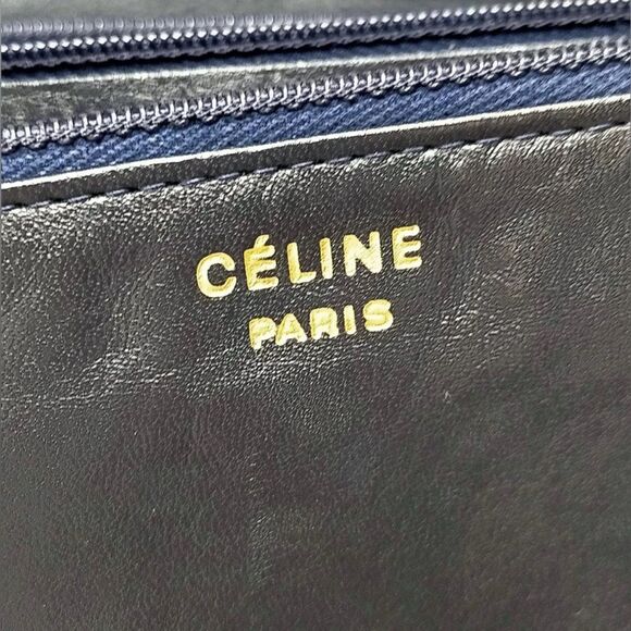 Auth Vtg Celine Small Navy Blue Polished Leather Trio Shoulder Bag 1970s Caleche - Picture 8 of 9